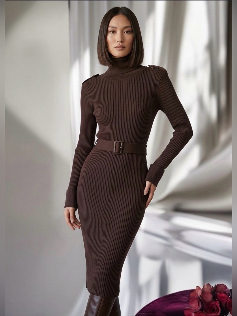 234 NWT Avantlook Deep Brown Ribbed Cowl Neck Sweater Dress with Belt